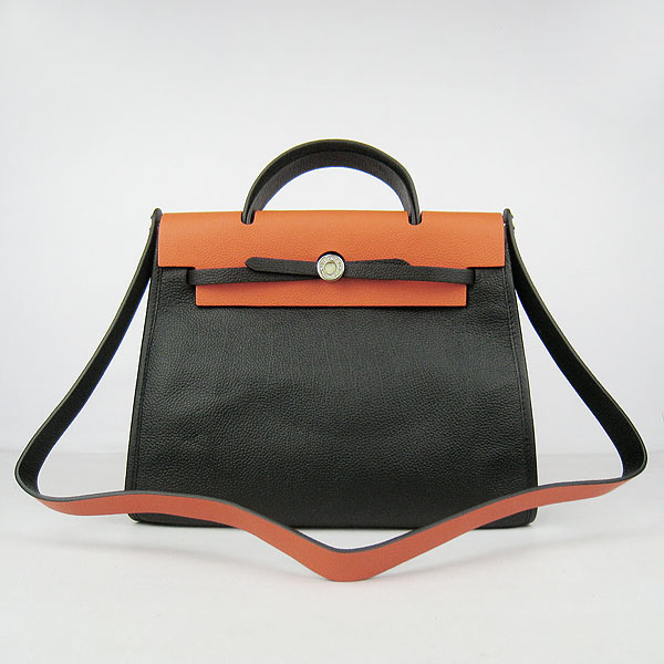 7A Replica Hermes Black/Orange Kelly 32cm Togo Leather Bag 60667 - Click Image to Close